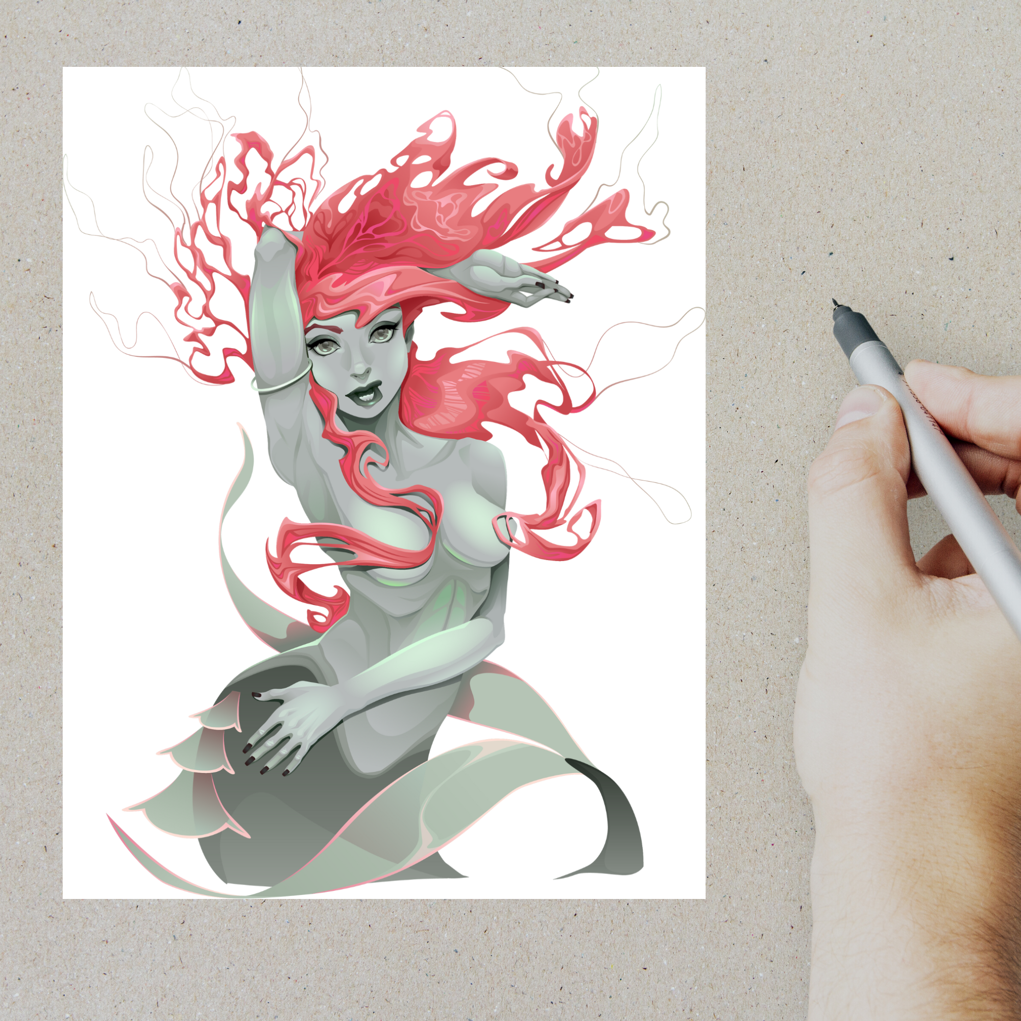 Red Hair Mermaid Postcard  | 1 Postcard | Thick Cardstock | For sending a postcard to a friend through postcard exchanges like Postcrossing